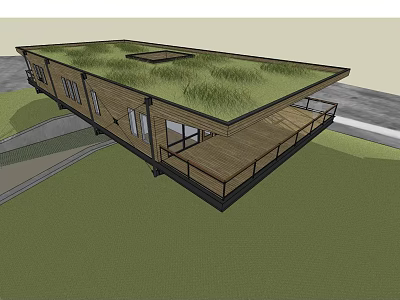 Modern Detached House With Green Grass Roof And Wooden Deck Exterior 3d model