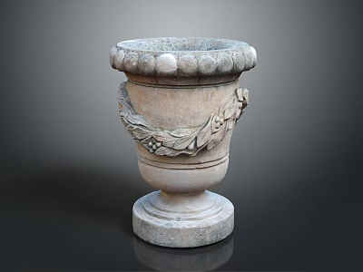Ornamental Classical Stone Vase With Carved Grapevine Leaves And Pedestal Base 3d model