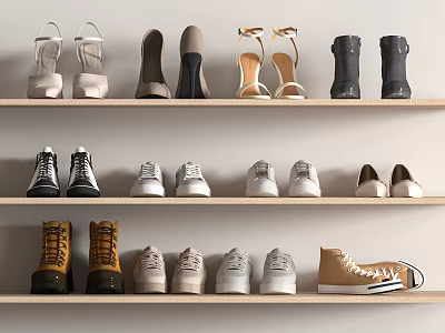 Variety Of Stylish Shoes Displayed On Shelves 3d model Variety Of Stylish Shoes Displayed On Shelves 3d model