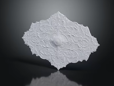 White Ornate Decorative Medallion With Intricate Scroll Patterns And Central Rosette Design 3d model