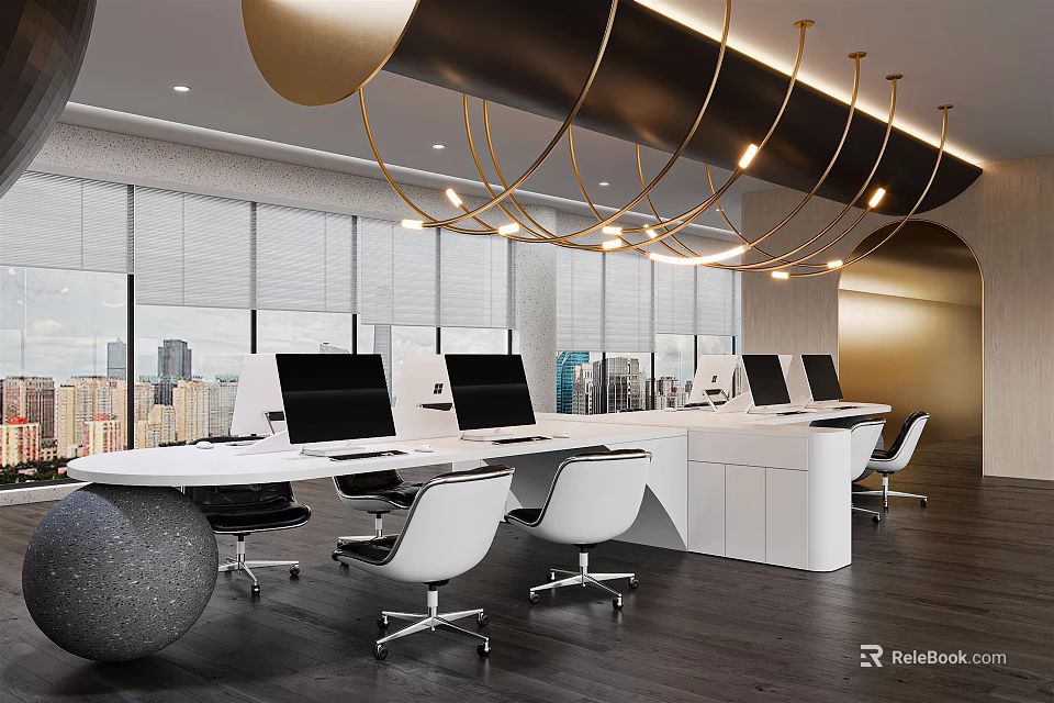 Modern Public Office Space With Open Layout Desks Computers Pendant Lights And City View 3d model 