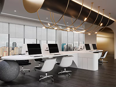 Modern Public Office Space With Open Layout Desks Computers Pendant Lights And City View 3d model