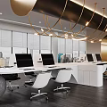 Modern Public Office Space With Open Layout Desks Computers Pendant Lights And City View