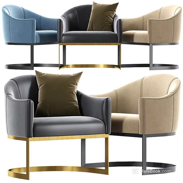 Stylish Modern Accent Chairs In Blue Gray Beige With Gold Metal Frames And Plush Pillows 3d model 