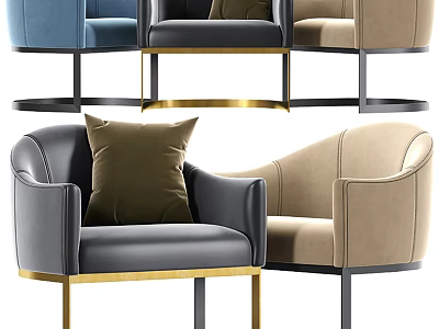 Stylish Modern Accent Chairs In Blue Gray Beige With Gold Metal Frames And Plush Pillows 3d model