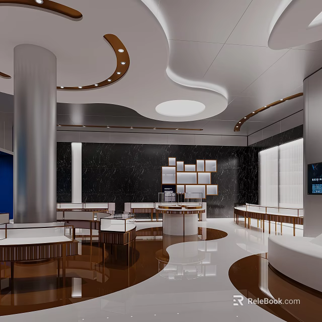 Modern Jewelry Store Interior With Marble Walls And Display Counters 3d model 
