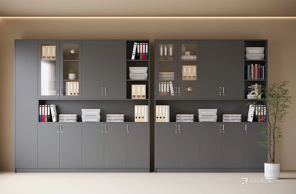 Modern Gray Bookcase With Glass Doors And Cabinets Holding Books Folders And File Boxes 3d model 