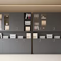 Modern Gray Bookcase With Glass Doors And Cabinets Holding Books Folders And File Boxes