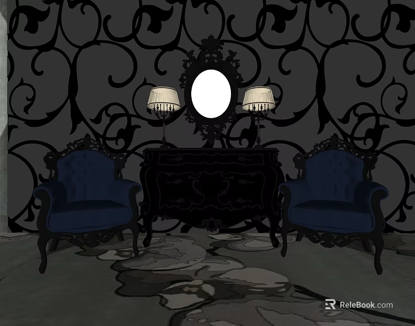 Elegant Black Console Table With Round Mirror Table Lamps Flanking Blue Armchairs By Ornate Walls 3d model 