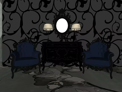 Elegant Black Console Table With Round Mirror Table Lamps Flanking Blue Armchairs By Ornate Walls 3d model