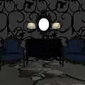 Elegant Black Console Table With Round Mirror Table Lamps Flanking Blue Armchairs By Ornate Walls