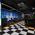 Fitness Center Reception Desk With Black And White Checkered Floor Chandelier And Green Plants