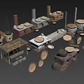 Traditional Handmade Kitchen Utensils with Clay Pots Stoves Wooden Basins and Tools