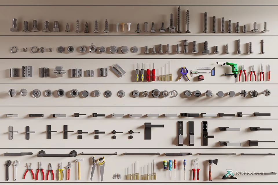 Decorative Wall Hanging with Organized Hardware Tools Rows of Screws Wrenches and Nails on Shelves 3d model 