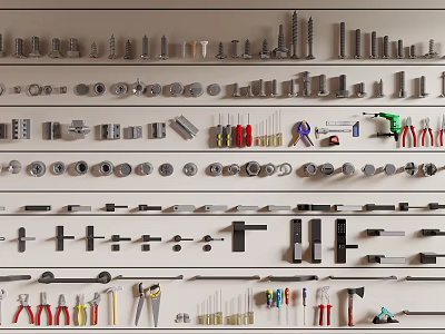Decorative Wall Hanging with Organized Hardware Tools Rows of Screws Wrenches and Nails on Shelves 3d model