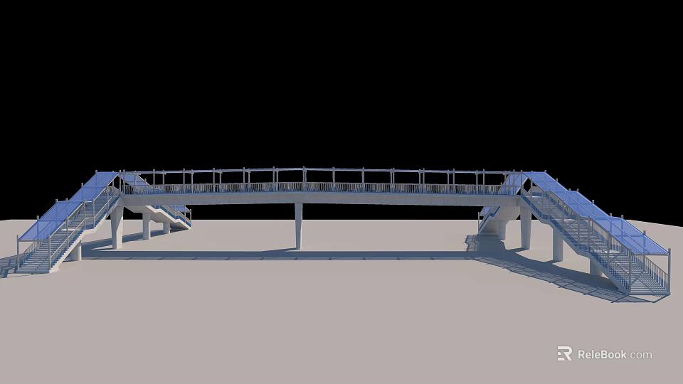 Modern Architectural Bridge Structure Design With Stairs Railings And Support Columns 3d model