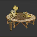 Vintage Round Wooden Table With Carved Legs Globe Telescope And Navigational Tools