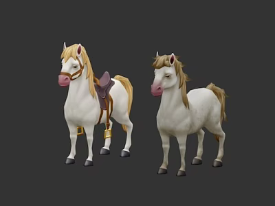 Two White Stuffed Toy Horses With Saddle Bridle And Mane Details 3d model
