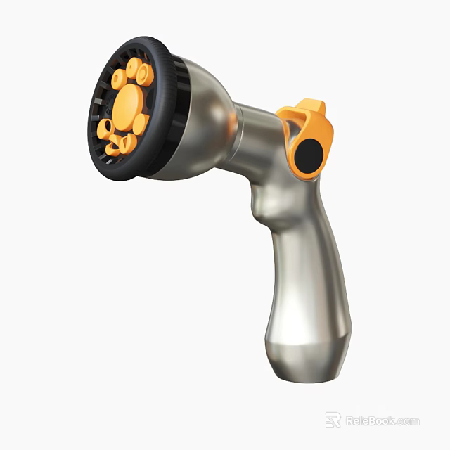 Silver Garden Hose Spray Gun With Yellow Button And Black Nozzle 3d model 