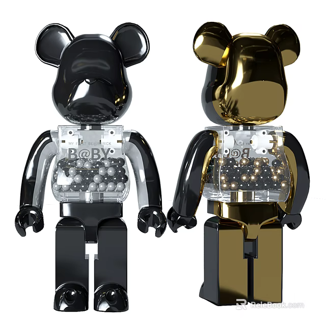 Stylish Black And Gold Collectible Bear Figures With Transparent Chest Crystal Beads And Baby Text 3d model 