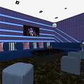 KTV Lounge Interior With Blue Sofa Black Coffee Table Purple Walls And Decorative Painting