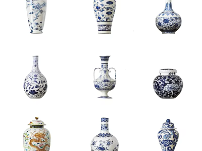 Traditional Blue and White Ceramic Vessels with Various Shapes and Intricate Dragon Patterns 3d model
