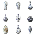 Traditional Blue and White Ceramic Vessels with Various Shapes and Intricate Dragon Patterns