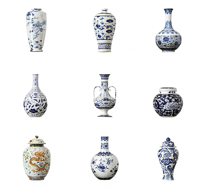 Traditional Blue and White Ceramic Vessels with Various Shapes and Intricate Dragon Patterns 3d model