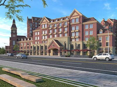 Commercial Street With Red Brick Buildings Clock Tower Multi Story Structures Parked Cars And Green Trees 3d model