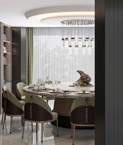 Elegant Restaurant Dining Area With Round Marble Table Green Chairs Pendant Lights And Natural Light 3d model