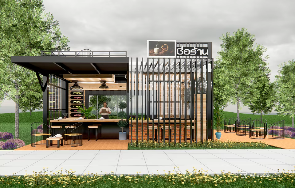 Coffee Shop Storefront With Black Metal Grill Glass Doors Outdoor Seating And Green Plants 3d model 
