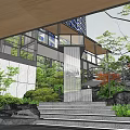 Modern Garden Landscape with Waterfall Stairs Green Plants and Glass Structures