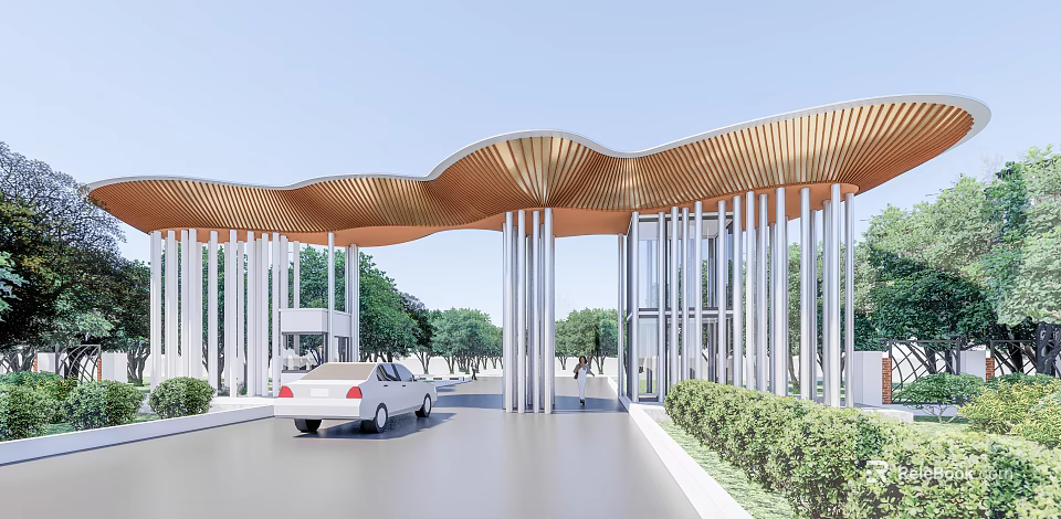 Elegant Entrance Gate With Curved Wooden Roof Metal Columns And Parked Car 3d model 