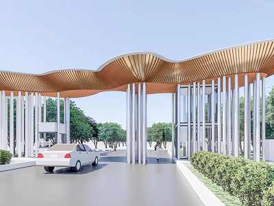 Elegant Entrance Gate With Curved Wooden Roof Metal Columns And Parked Car 3d model