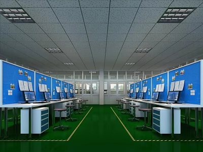 Spacious Public Office Area With Blue Partitions Desks Computers And Green Floor 3d model