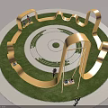 Curved Yellow Landscape Seats In Circular Green Lawn Area With People On Swings