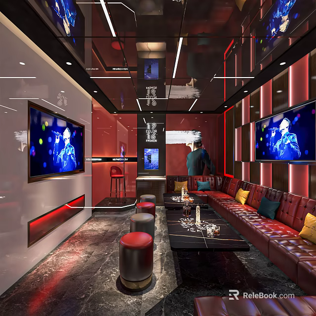 Modern KTV Room Interior With Red Sofa And Large Screen TV Lighting 3d model 