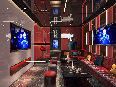 Modern KTV Room Interior With Red Sofa And Large Screen TV Lighting 3d model