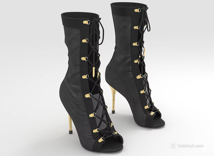 Black Peep Toe Booties With Gold Stiletto Heels And Lace Up Design Accents 3d model 