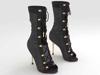 Black Peep Toe Booties With Gold Stiletto Heels And Lace Up Design Accents 3d model