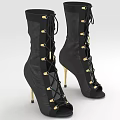 Black Peep Toe Booties With Gold Stiletto Heels And Lace Up Design Accents