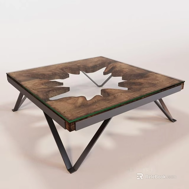 Modern Square Coffee Table With Wooden Glass Top And Metal Legs Design 3d model 