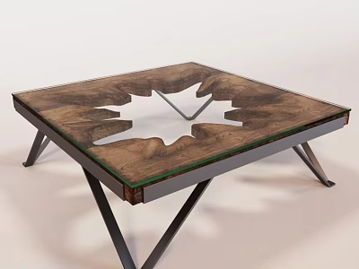 Modern Square Coffee Table With Wooden Glass Top And Metal Legs Design 3d model