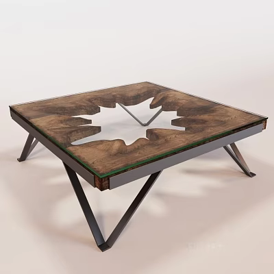 Modern Square Coffee Table With Wooden Glass Top And Metal Legs Design 3d model