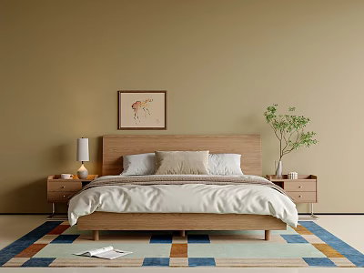 Double Bed with Wooden Headboard White Bedding Beige Cushion Nightstands Green Plant and Colorful Rug 3d model