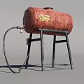 Industrial Equipment Rusty Cylindrical Tank With Black Metal Stand Connected Hose And Yellow Warning Sign