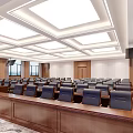Spacious Modern Conference Room With Arranged Tables Chairs Large Screens And Ceiling Lighting