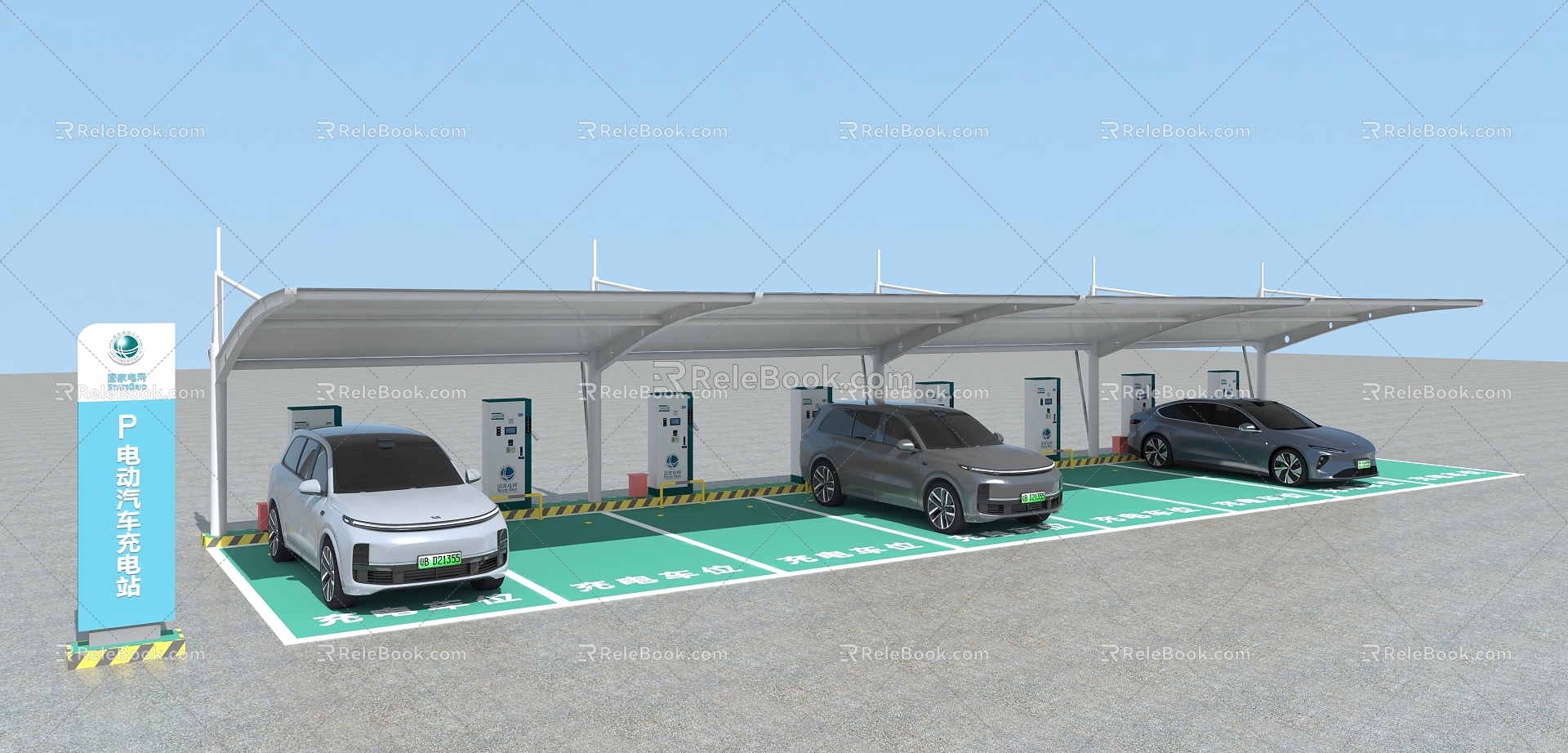 Electric vehicle charging station grid 3d model