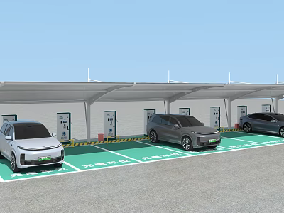 Electric Vehicles Parked at Charging Station with Canopy and Charging Piles 3d model