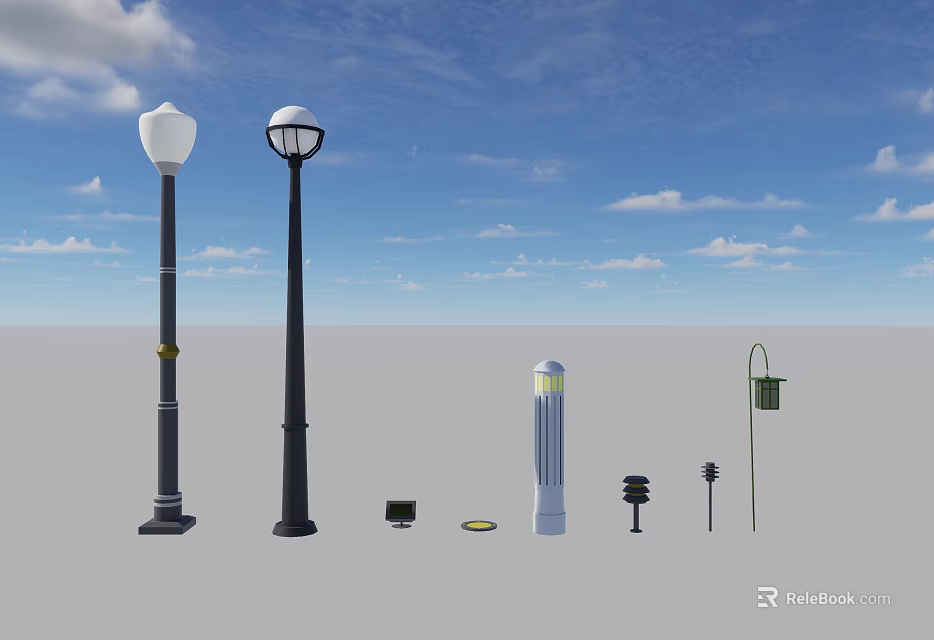 Outdoor Lights With Various Designs Including Tall Street Lamps Short Column And Small Ground Lights 3d model 